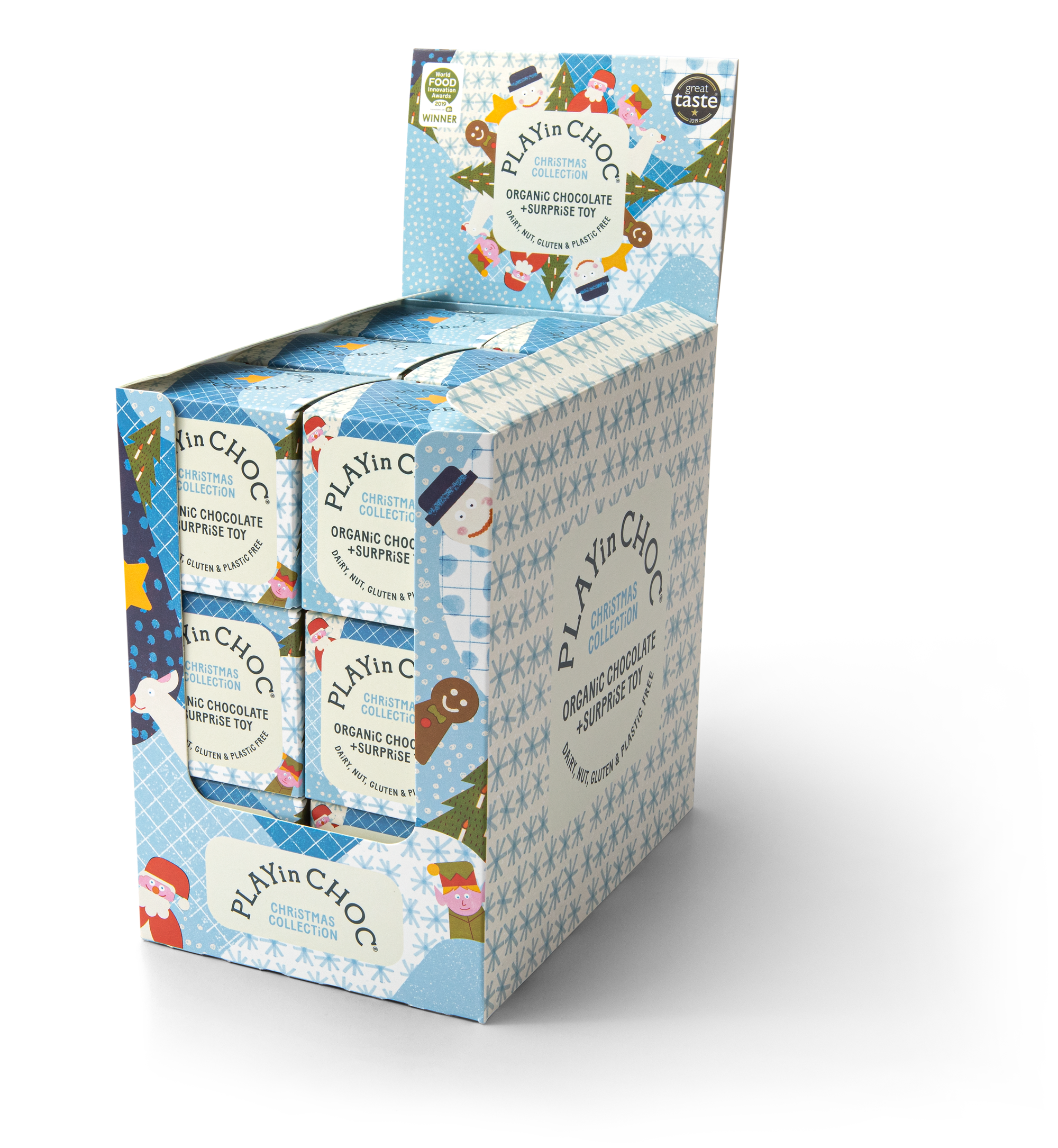 Display of PLAYin CHOC organic chocolate bars in a decorative box on a white background