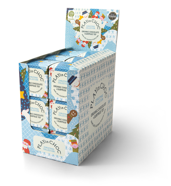 Display of PLAYin CHOC organic chocolate bars in a decorative box on a white background