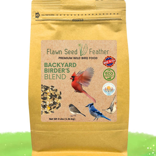 Bag of Flawn Seed Feather Backyard Birder's Blend bird food with a cardinal and other birds on the label.