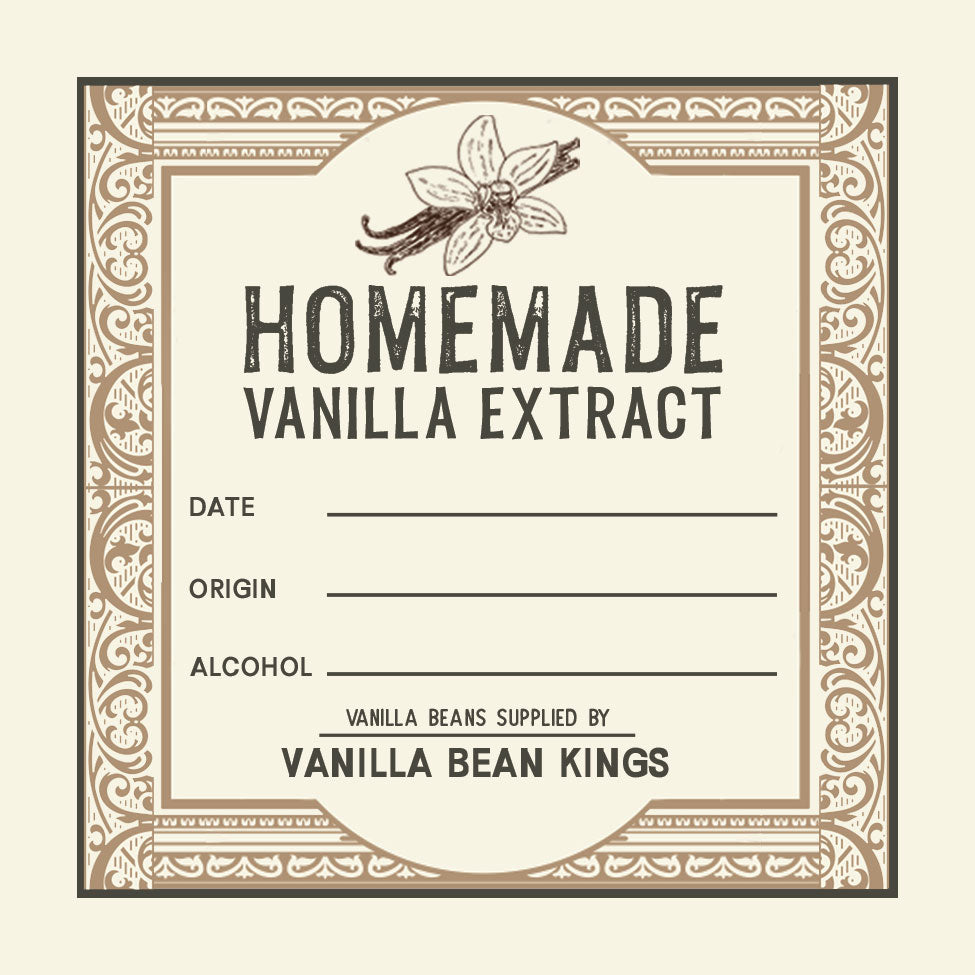 Label for homemade vanilla extract with decorative border and vanilla bean illustration.