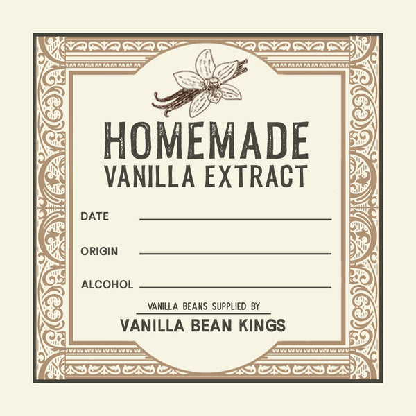 Label for homemade vanilla extract with decorative border and vanilla bean illustration.