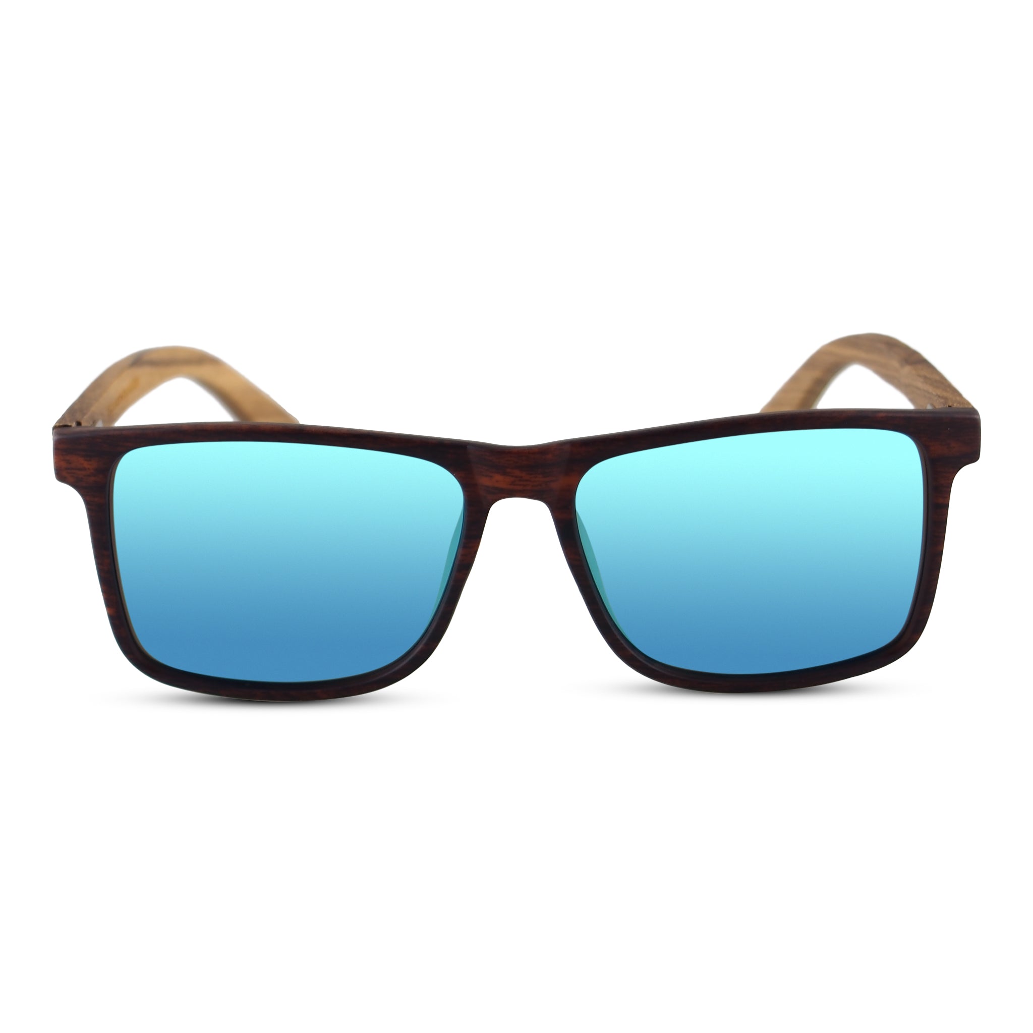 Joycoast Slims Zebrawood sunglasses with blue lenses, angled side profile view