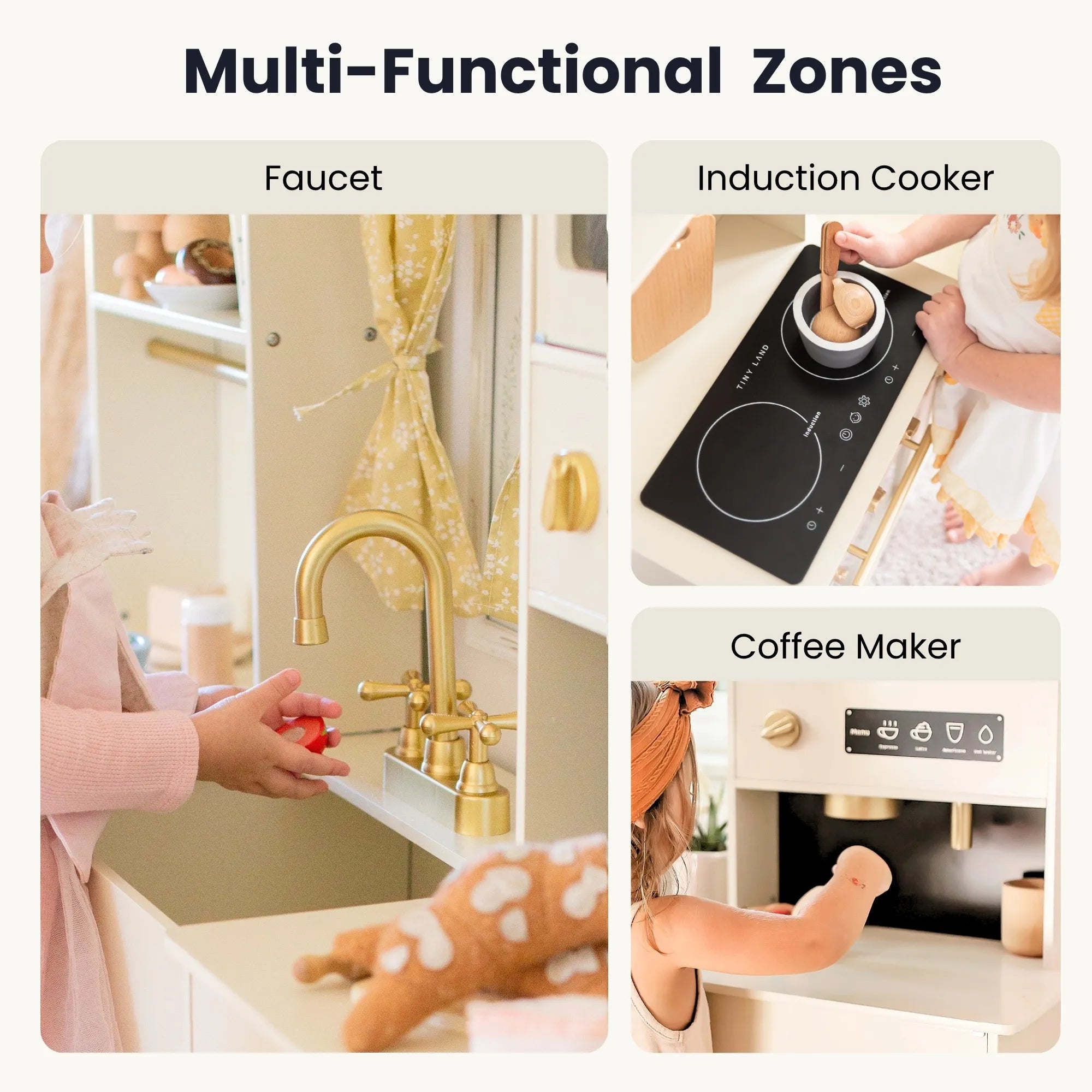 A 3-panel promotional graphic for a multi-functional play kitchen zone. The top header reads 'Multi-Functional Zones'.