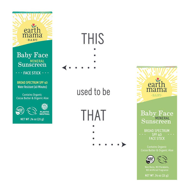Two packages of Earth Mama Baby Face Mineral Sunscreen with a comparison arrow between them.