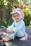Baby Blue Unicorn Halloween Costume showing rainbow mane and ears detail