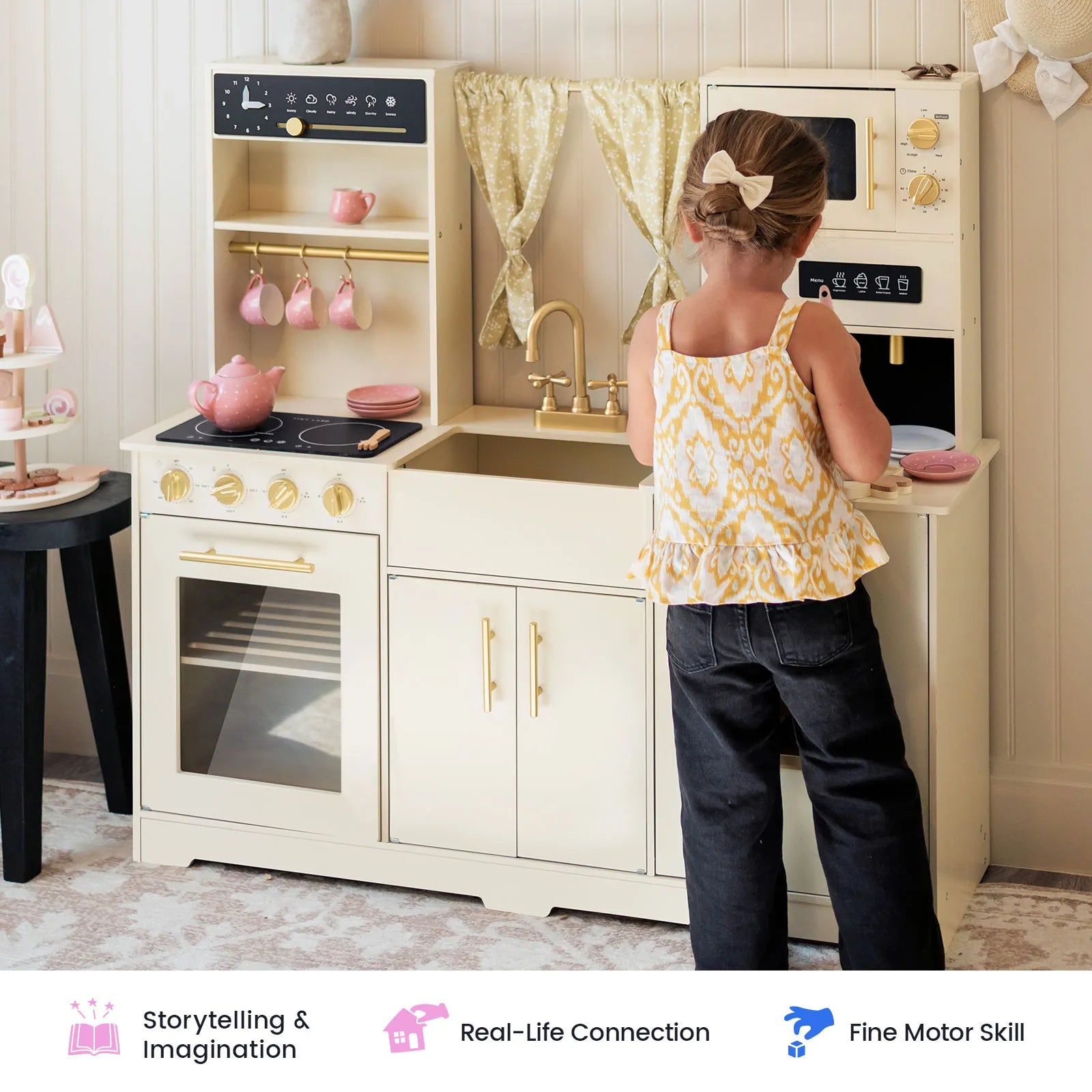 Tiny Land wooden play kitchen with microwave, freezer and oven details