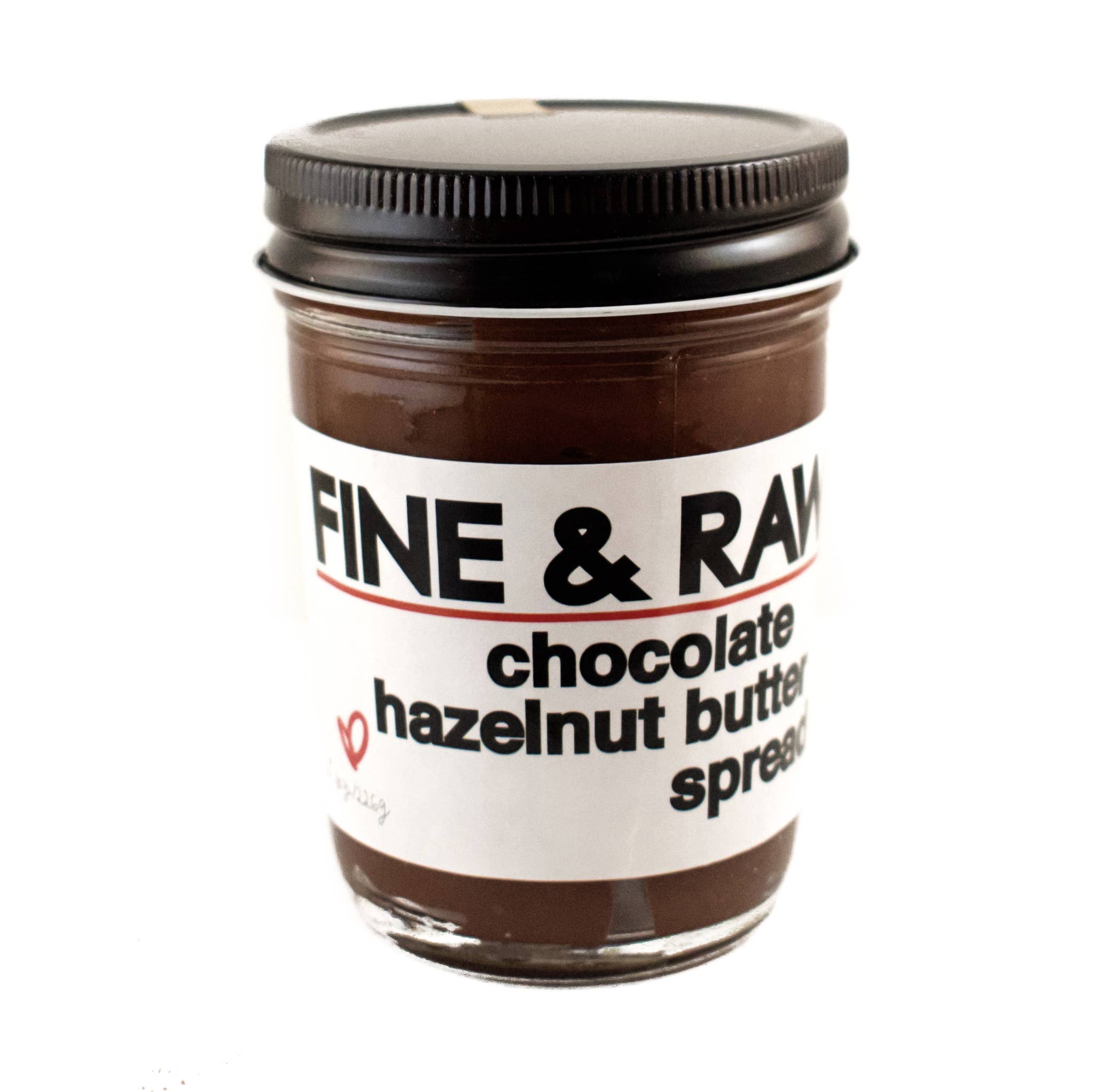 Jar of Fine & Raw chocolate hazelnut butter spread on a white background
