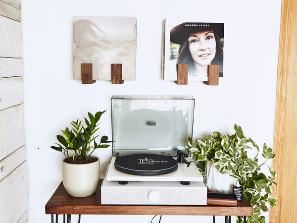 Turntable on a wooden table with plants and wall art in the background