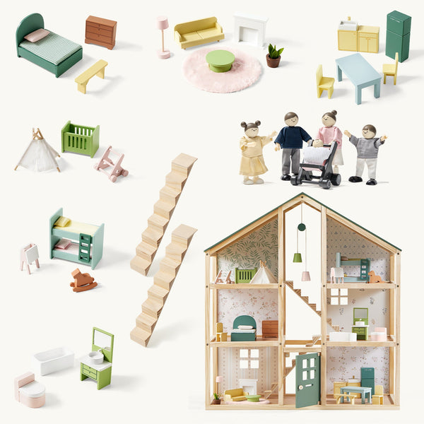 Tiny Land Sweetwood Evergreen Dollhouse with wooden dolls and furniture ready for play