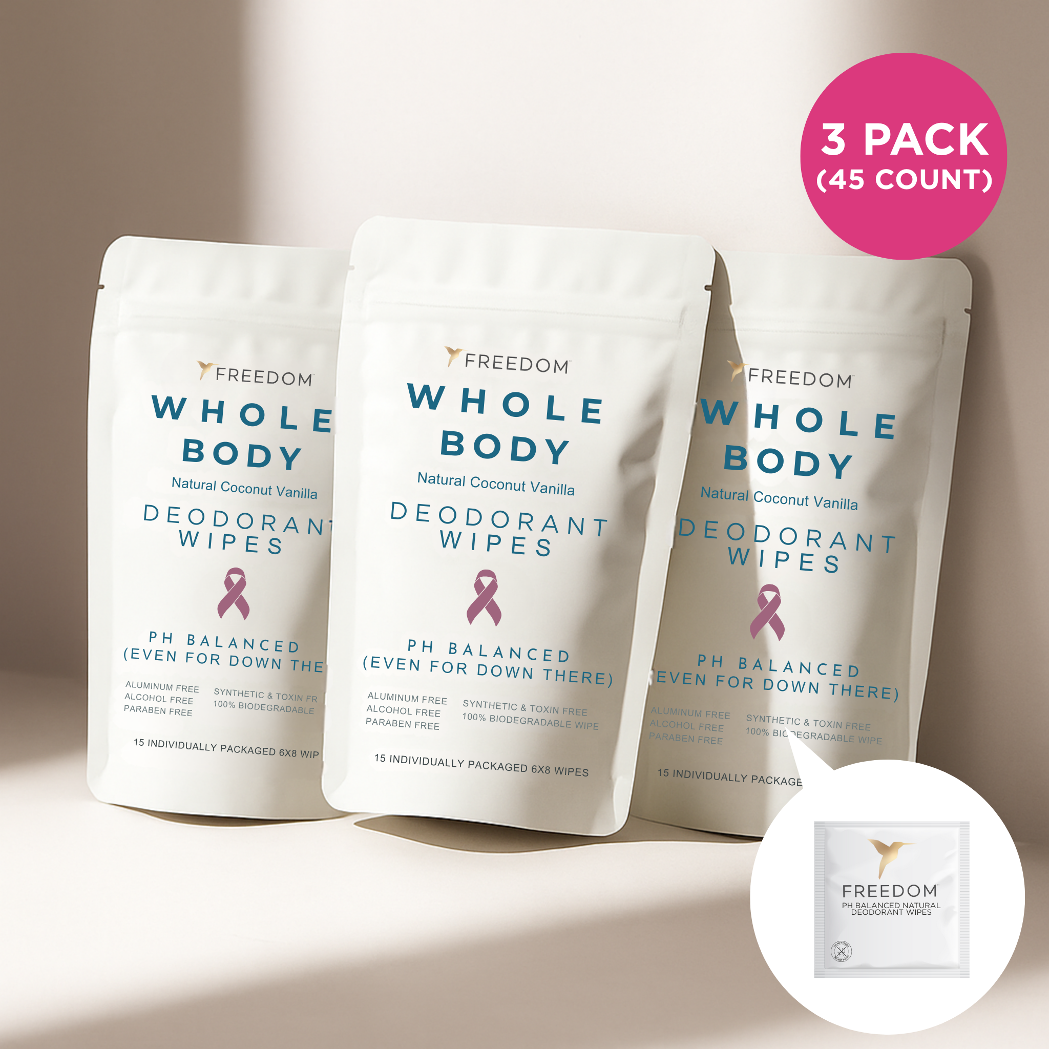 Three packs of Freedom Whole Body Deodorant Wipes on a beige background with a pink badge indicating a 3-pack count.