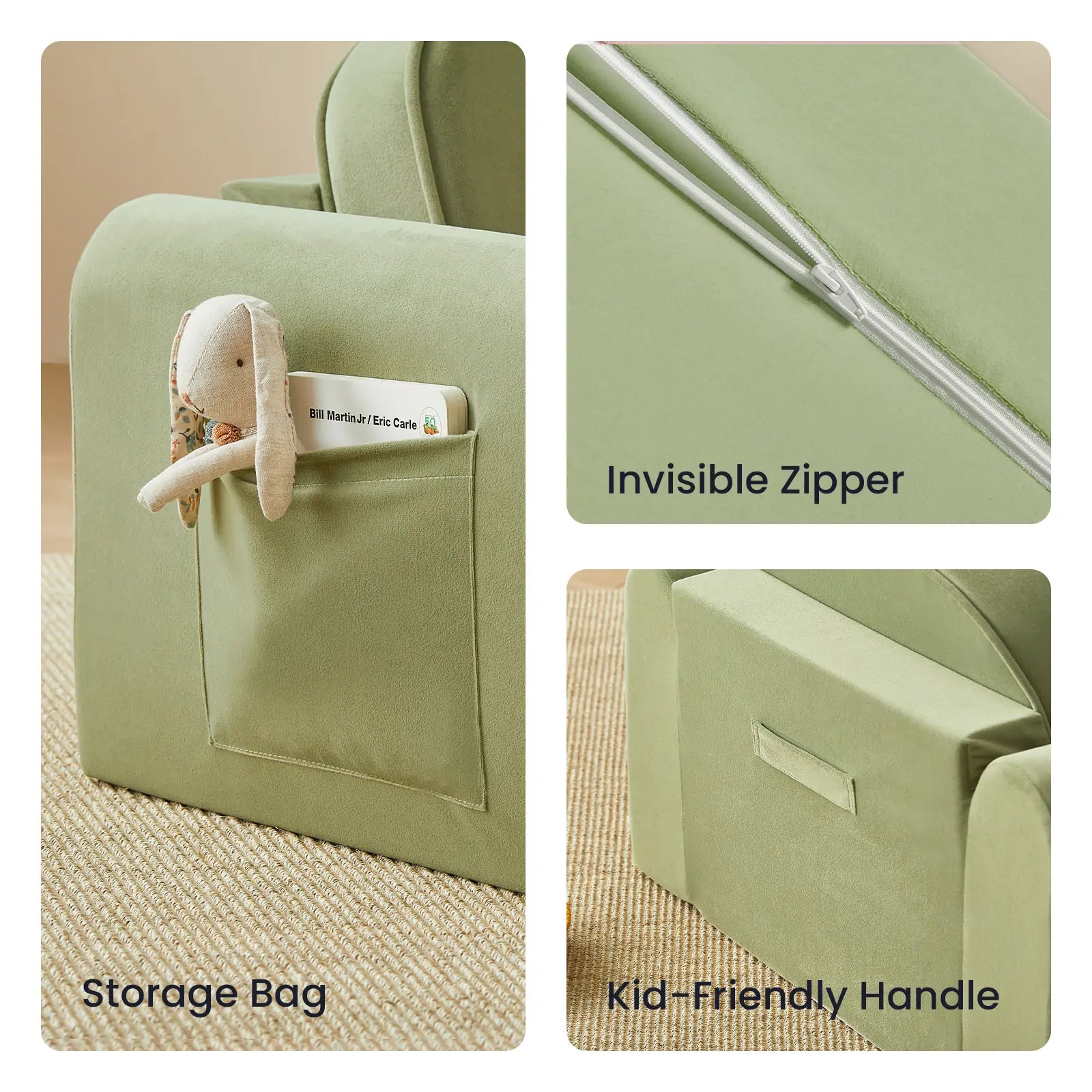 Green storage bag with elephant toy, visible zipper, and kid-friendly handle on a beige background.