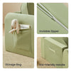Green storage bag with elephant toy, visible zipper, and kid-friendly handle on a beige background.