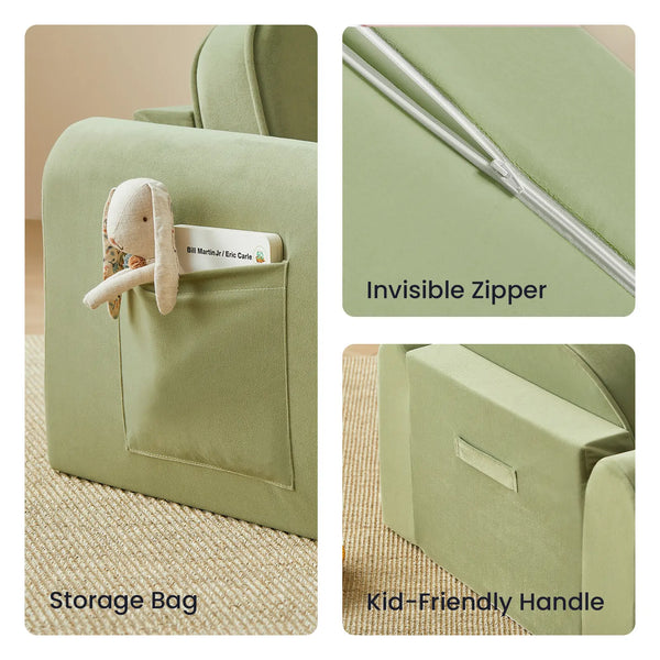 Green storage bag with elephant toy, visible zipper, and kid-friendly handle on a beige background.
