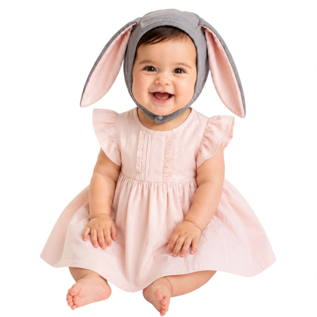 Close-up of the Gray Bunny Bonnet snap closure under the chin
