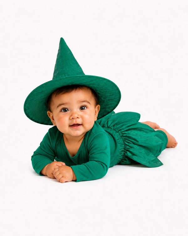 Baby Green Witch Halloween Costume with the handmade maple wood star wand