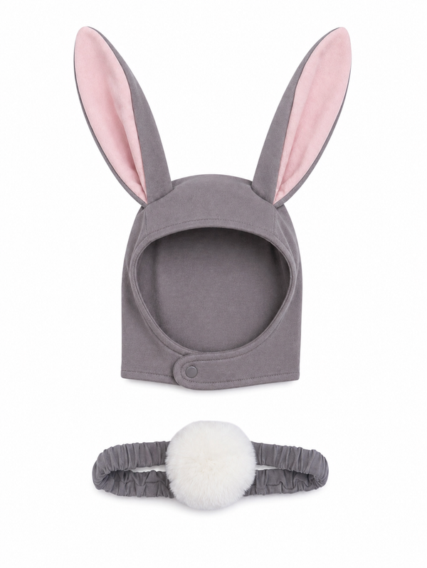 Gray lop-eared bunny bonnet with matching bunny tail, made from soft breathable cotton with a snap closure