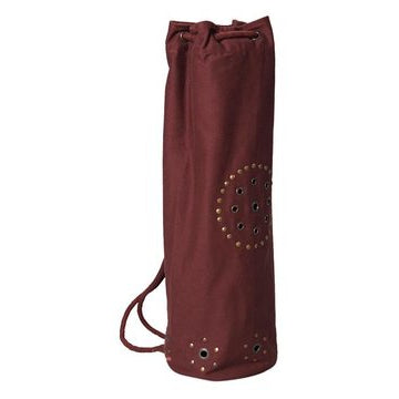 Brown drawstring bag with decorative elements on a white background