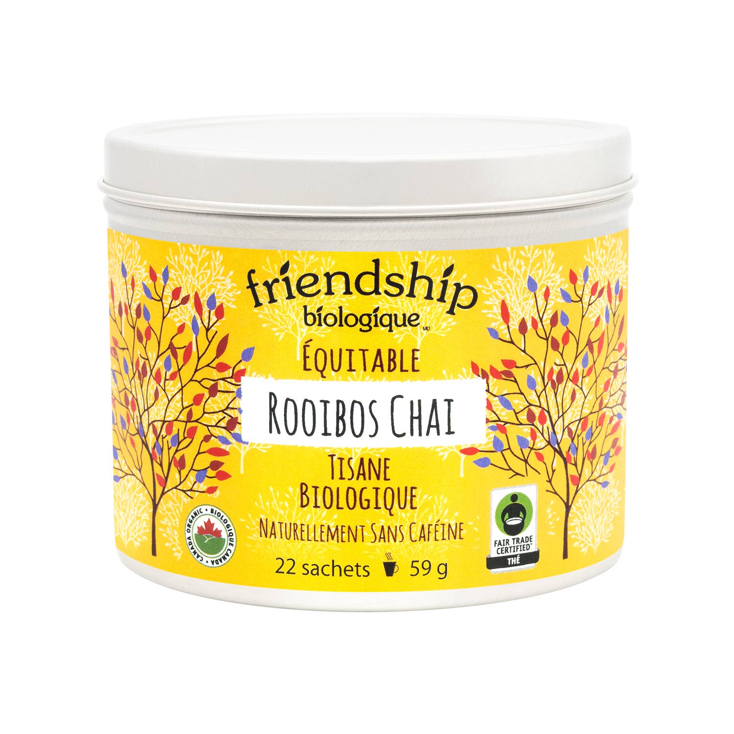 Container of friendship biologique Rooibos Chai on a white background