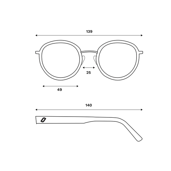 Technical drawing of a pair of eyeglasses with dimensions on a white background