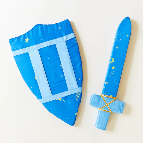Blue costume with star and moon patterns on a white background