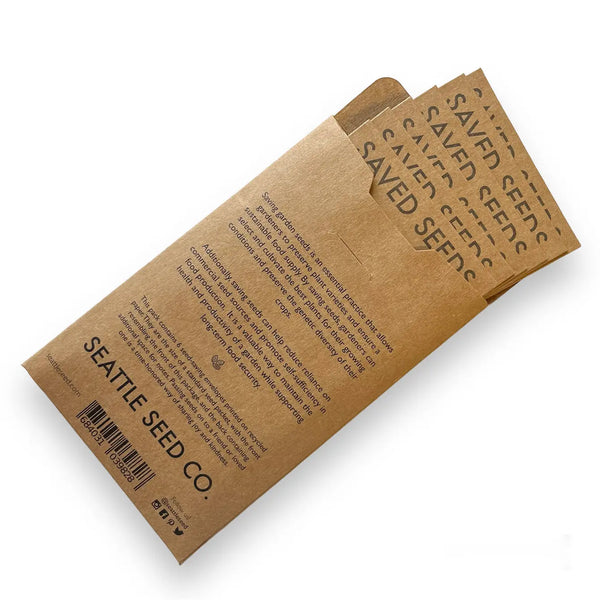 Close-up of a seed saving envelope showing resealable flap and spaces to record light, water, and growing details