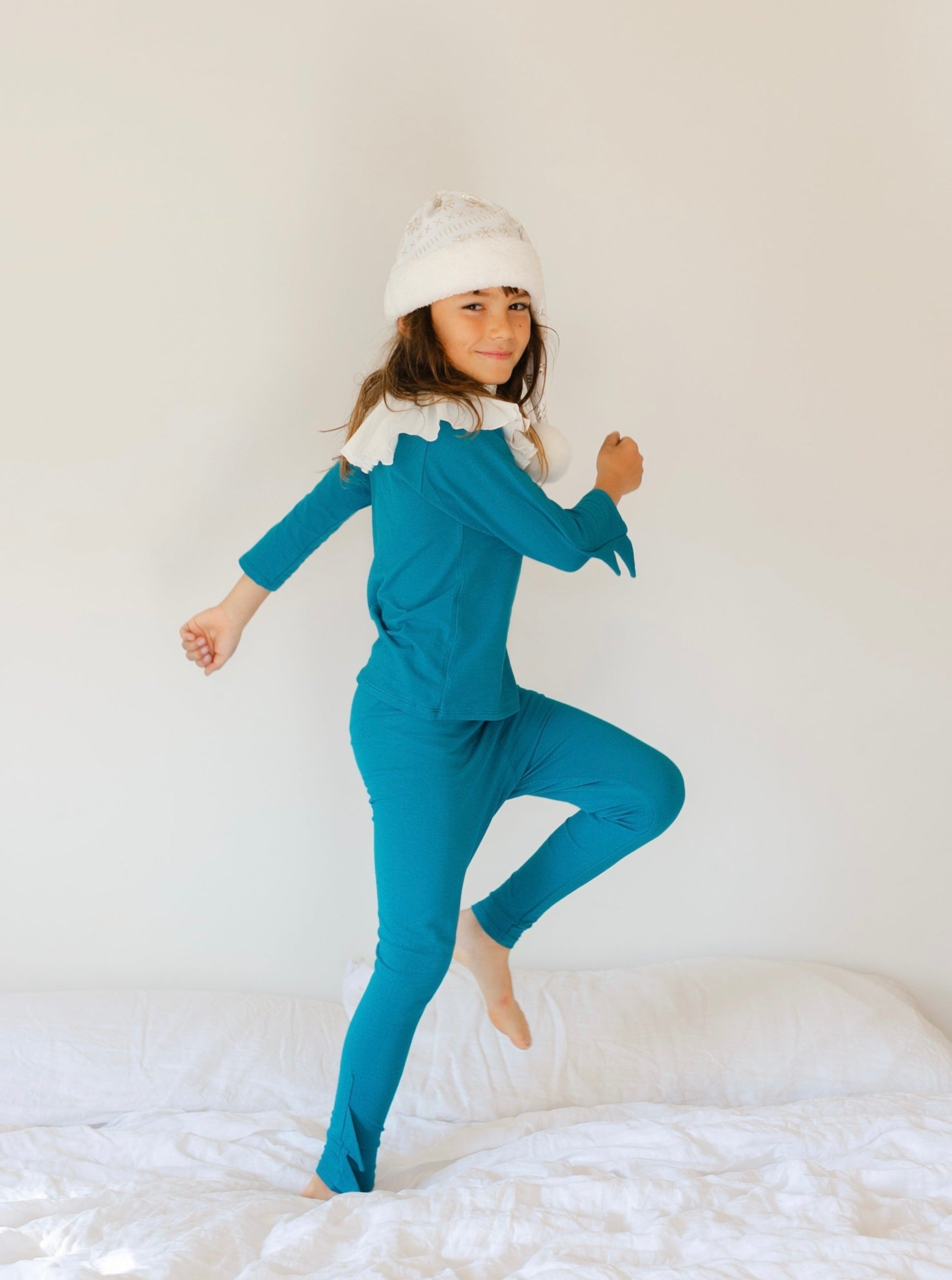 Jade Holiday Elf Pajama Costume set laid out, made in California