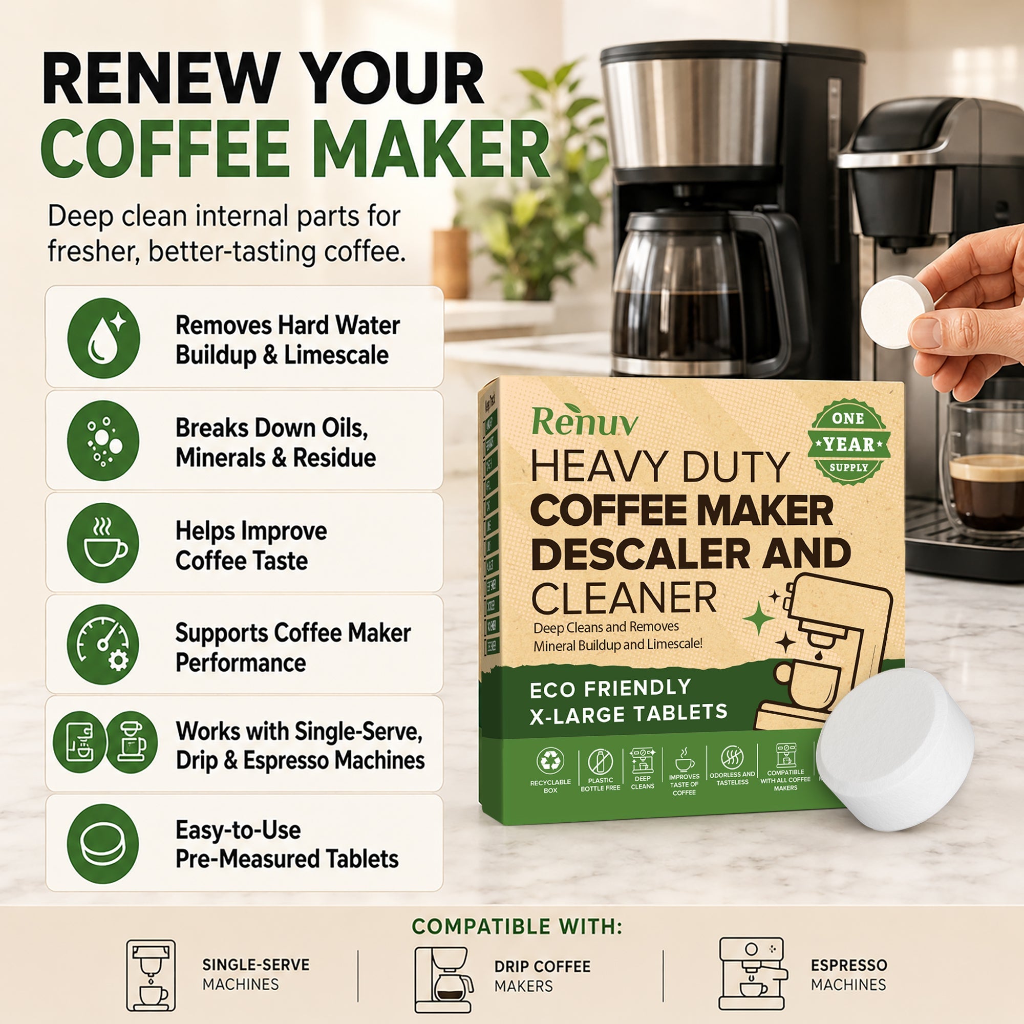 Renuv Coffee Maker Cleaner & Descaler Tablets – 12 Uses