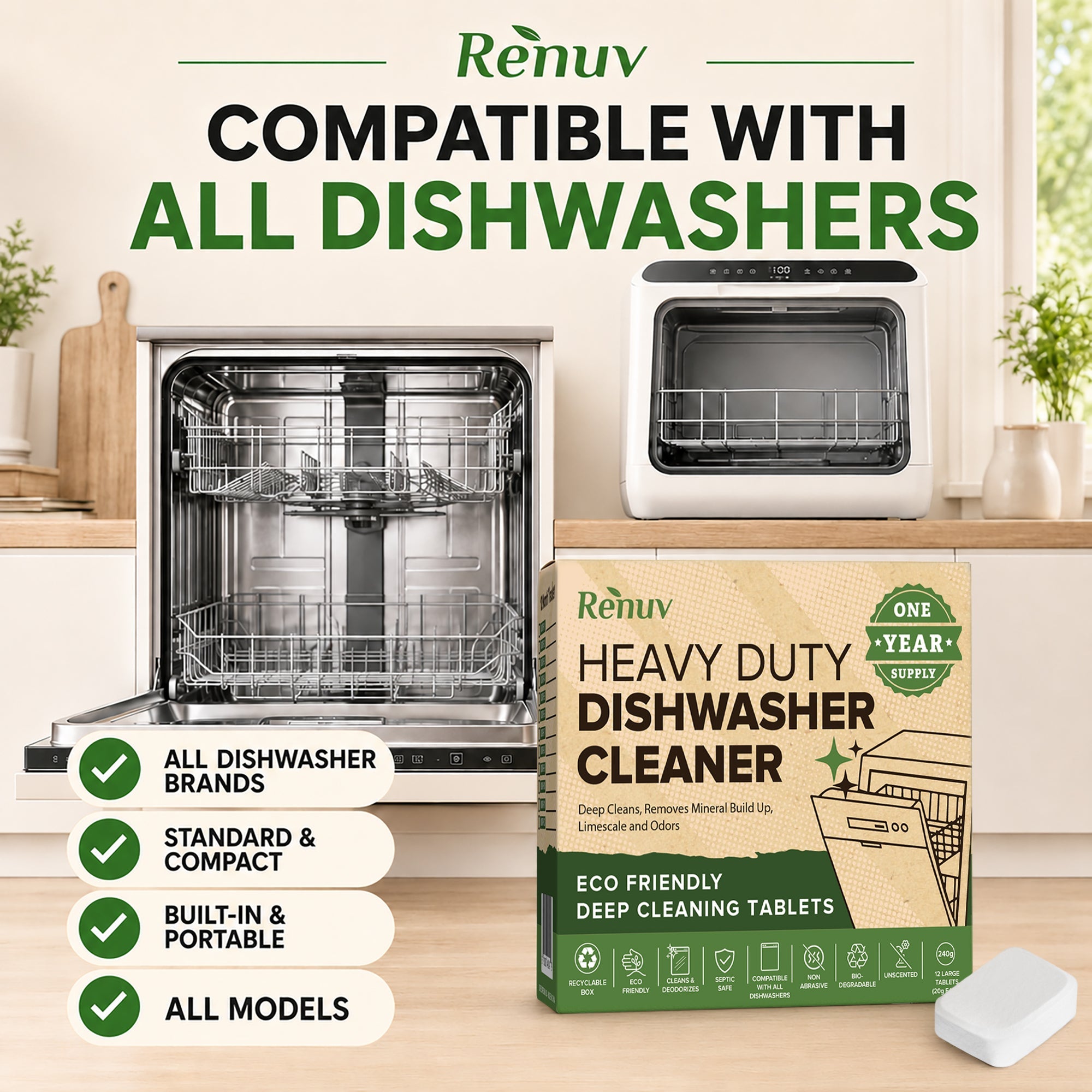 Renuv Dishwasher Cleaner & Deodorizer Tablets – 12-Pack, 1 Year Supply
