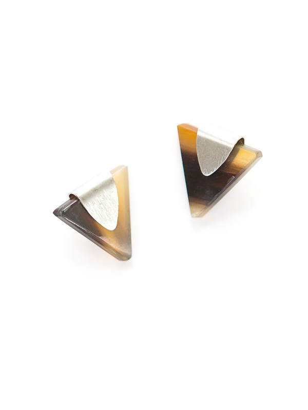 Silver triangle horn stud earrings on white background — eco-friendly, nickel-free
