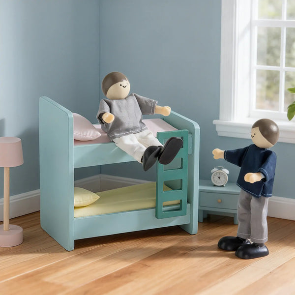 Children's bedroom with a blue bunk bed and toy figures on a wooden floor.