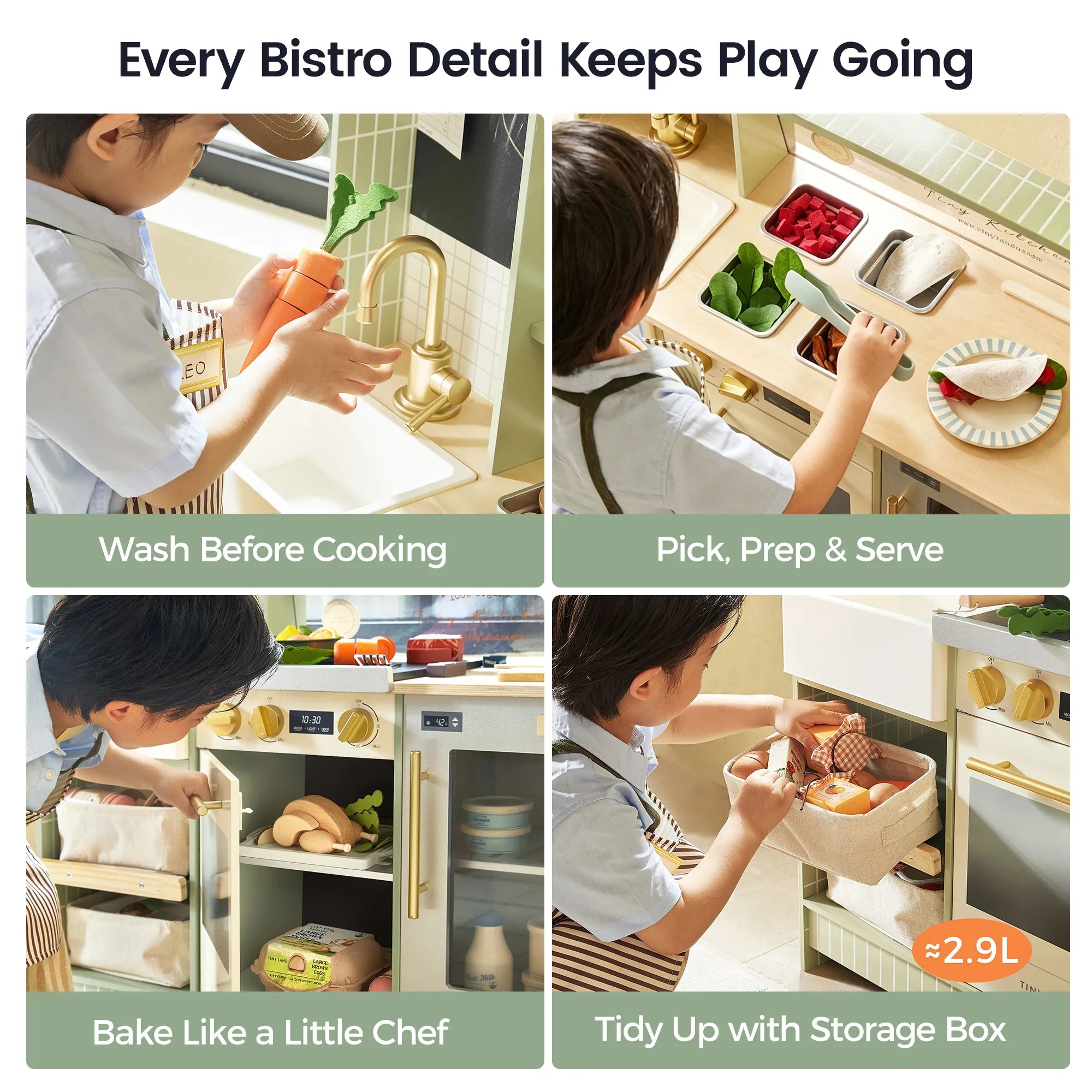 A 4-panel promotional collage showing children using a toy kitchen storage box set in a kitchen-like scene. Text at the top reads 'Every Bistro Detail Keeps Play Going,' with labels below each panel: 'Wash Before Cooking,' 'Pick.
