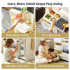 A 2x2 promotional collage for a children's play kitchen set, with the headline 'Every Bistro Detail Keeps Play Going.' Each panel shows a child using the kitchen: washing hands at a sink, picking and preparing food, baking in an oven, and tidying up with a storage box.