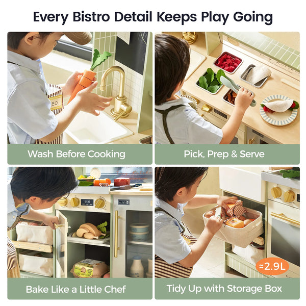 A 4-panel promotional collage showing children using a toy kitchen storage box set in a kitchen-like scene. Text at the top reads 'Every Bistro Detail Keeps Play Going,' with labels below each panel: 'Wash Before Cooking,' 'Pick.