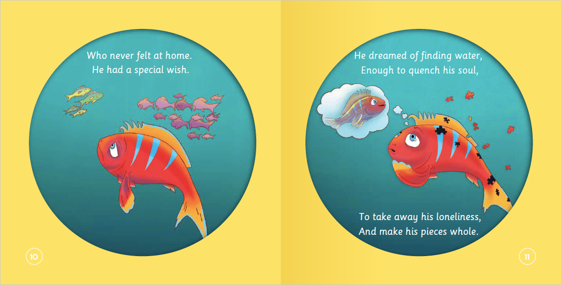 Full-colour illustrated interior page from The Fish Who Searched for Water children's mindfulness book for ages 3 to 8