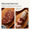 Close-up of sustainable wooden play food pieces with realistic painted textures