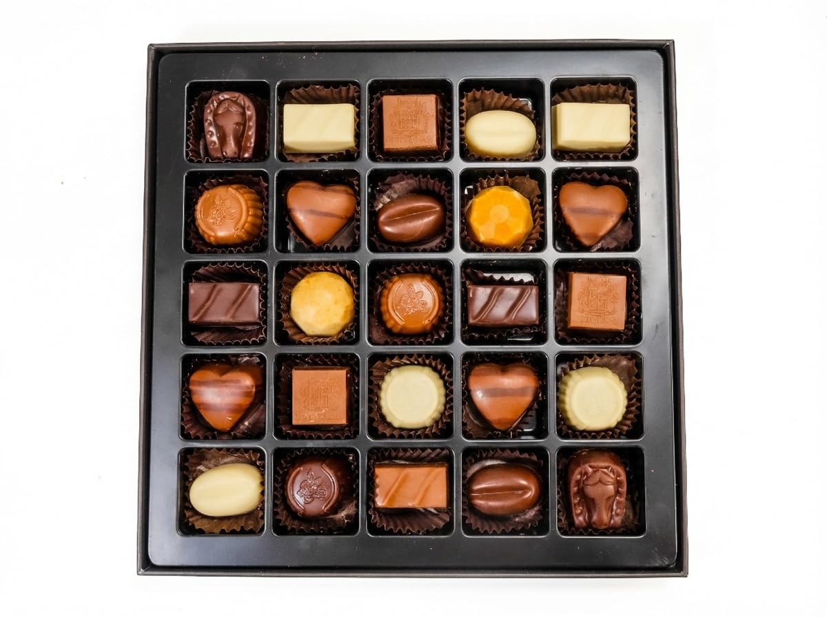 Side view of Andy Anand sugar free Belgian chocolate truffles elegantly presented in gift packaging