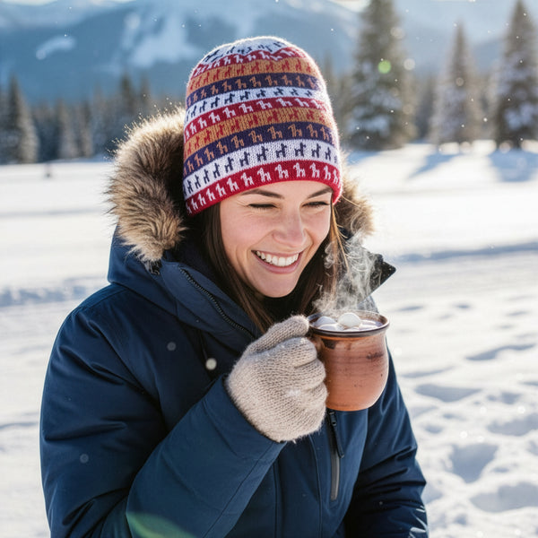 Colorful alpaca motif knit beanie hat made from 100% baby alpaca, handcrafted in Peru
