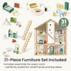 Set of miniature dollhouse furniture pieces with a wooden dollhouse and '31 Pieces' label.