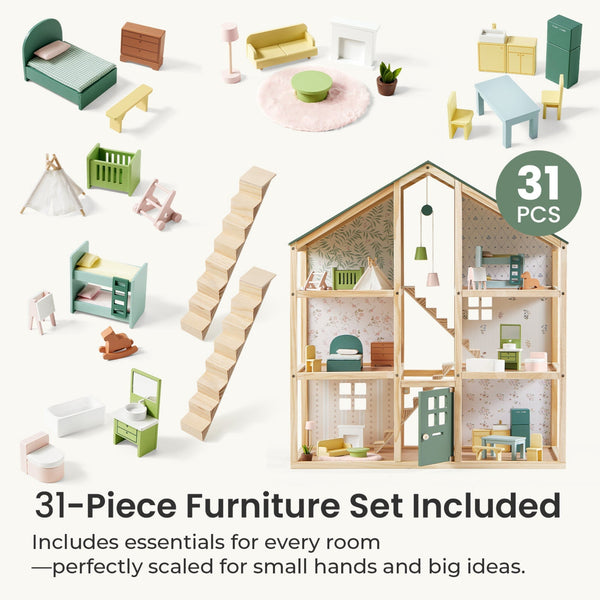 Set of miniature dollhouse furniture pieces with a wooden dollhouse and '31 Pieces' label.