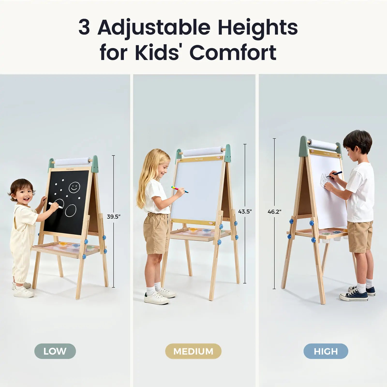 Children using a adjustable height easel with three height settings labeled 'Low', 'Medium', and 'High'.