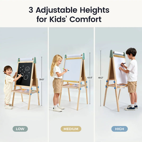 Children using a adjustable height easel with three height settings labeled 'Low', 'Medium', and 'High'.