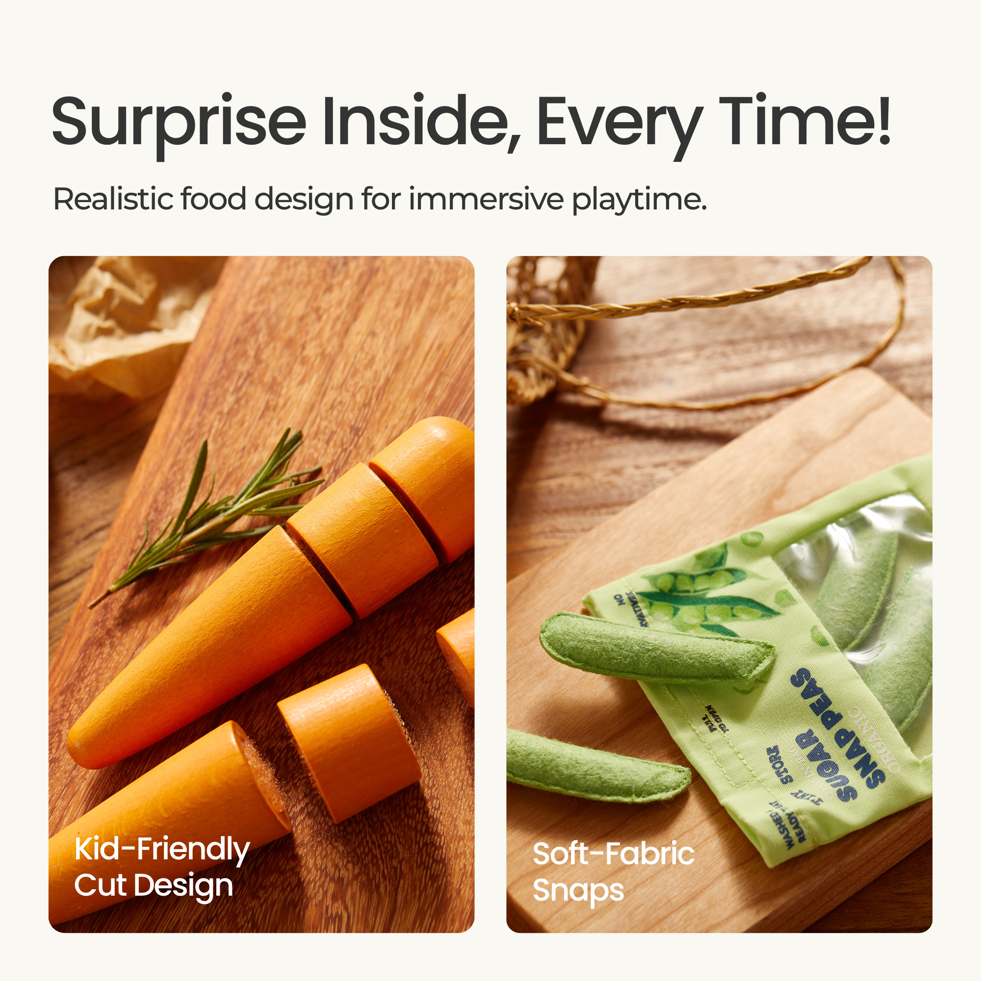 Tiny Land play food set pieces including carrots, asparagus, and strawberries made from natural materials
