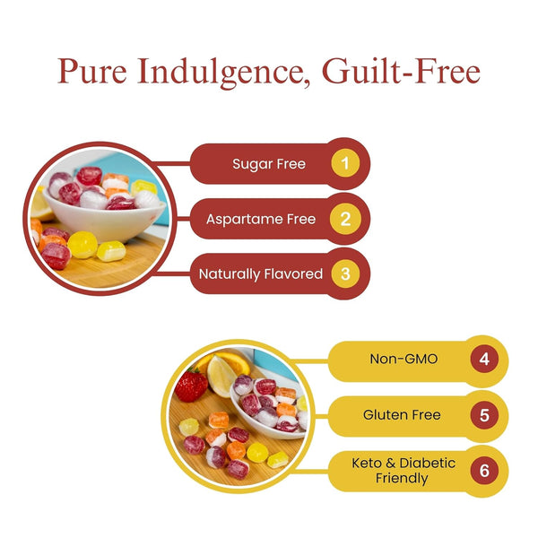 Product advertisement with text 'Pure Indulgence, Guilt-Free' and features of the product.