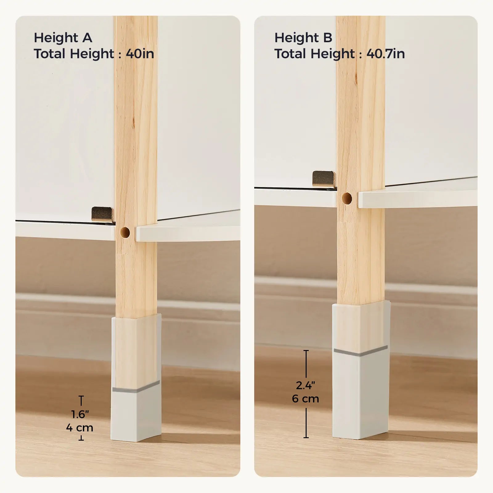 Comparison of two wooden furniture legs with measurements on a neutral background