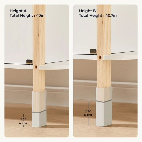 Comparison of two wooden furniture legs with measurements on a neutral background