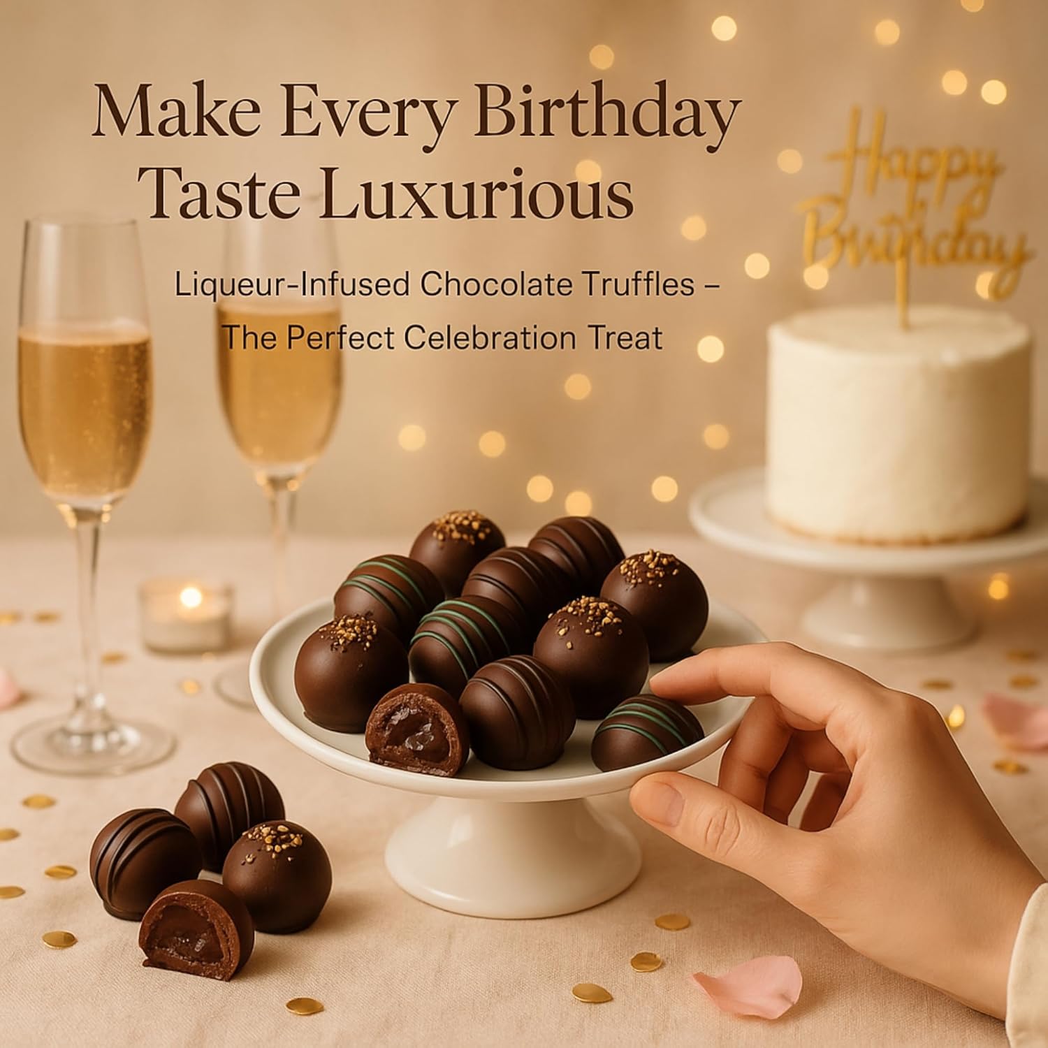 Chocolate truffles on a plate with glasses of champagne, a cake, and text about luxurious birthday celebrations.