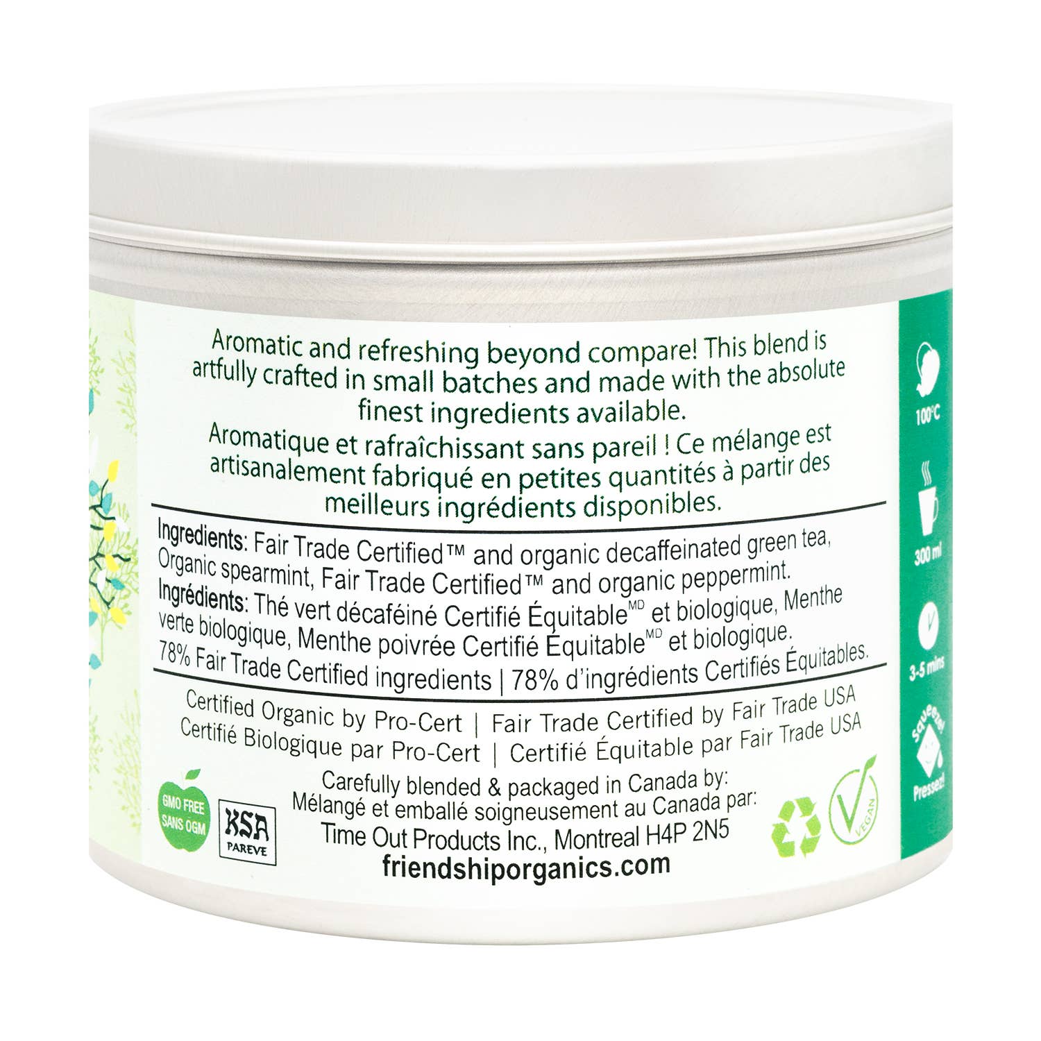 Container label with text and logos on a white background