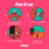 Instructions on how to use a lip balm with illustrations and text on a pink background. 