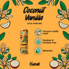 Coconut vanilla stick perfume with product and feature icons on an orange background. NANAH Vanilla Coconut solid perfume — natural essential oils, lotus flower & sandalwood. Phthalate-free, vegan & longer-lasting than spray. Perfect fragrance gift.