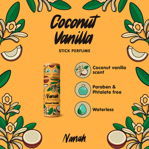 Coconut vanilla stick perfume with product and feature icons on an orange background. NANAH Vanilla Coconut solid perfume — natural essential oils, lotus flower & sandalwood. Phthalate-free, vegan & longer-lasting than spray. Perfect fragrance gift.